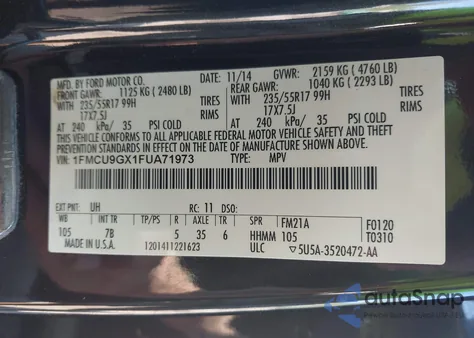 2015 Ford Escape Se из США, поврежденный, VIN 1FMCU9GX1FUA71973